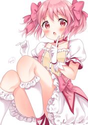  blush bow bow_skirt bowtie bubble_skirt dress female frilled_socks frills gloves good_thighs_day hairbow highres index_finger_raised kaname_madoka kaname_madoka_(magical_girl) knees_up looking_at_viewer mahou_shoujo_madoka_magica mahou_shoujo_madoka_magica_(anime) open_mouth pink_bow pink_bowtie pink_dress pink_eyes pink_hair pinky_out puffy_short_sleeves puffy_sleeves short_sleeves short_twintails signature simple_background sitting skirt socks solo soul_gem sugutsuka_rerun thighs twintails white_background white_gloves white_socks 