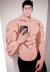  1boy abs balnom bara cowboy_shot groin highres holding holding_phone large_pectorals male_focus mature_male muscular muscular_male nipples original pectorals phone raised_eyebrow seductive_smile selfie short_hair sideburns smile solo stomach thick_eyebrows topless_male veiny_crotch 