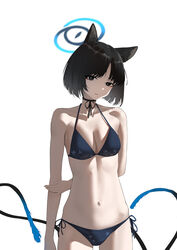  absurdres animal_ears arm_behind_back bikini black_bikini black_choker black_hair blue_archive blue_halo bob_cut breasts cat_ears cat_girl cat_tail choker closed_mouth collarbone female halo highres hitomi_(tongshou) kikyou_(blue_archive) looking_at_viewer medium_breasts multiple_tails navel ribbon_choker side-tie_bikini_bottom simple_background smile solo swimsuit tail white_background 