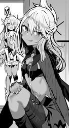  2girls absurdres armor ascot bare_shoulders blush boots breastplate breasts cape chloe_von_einzbern dark-skinned_female dark_skin dress elbow_gloves fate/kaleid_liner_prisma_illya fate_(series) feather_hair_ornament feathers gloves greyscale hair_between_eyes hair_bun hair_ornament hairpin half_updo highres illyasviel_von_einzbern kaleidostick layered_gloves licking_lips long_hair long_sleeves looking_at_viewer magical_ruby monochrome multiple_girls navel prisma_illya s_ryouchi shrug_(clothing) sidelocks skirt small_breasts smile stomach_tattoo tattoo thigh_boots thighs tongue tongue_out two_side_up waist_cape wand 