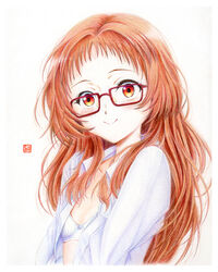  blush bra brown_hair colored_pencil_(medium) female glasses long_hair mie_ai orange_eyes red-framed_eyewear shirt simple_background smile solo sukinako_ga_megane_wo_wasureta traditional_media underwear white_background white_bra white_shirt y_takeshinu_wan 