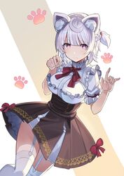  absurdres animal_ear_fluff animal_ears blunt_bangs blush bow bowtie braid breasts bright_pupils brown_skirt cat_ears cat_girl closed_mouth commission cowboy_shot falken_(yutozin) female frilled_shirt frilled_sleeves frills garter_straps grey_hair hands_up high-waist_skirt highres indie_virtual_youtuber izumiya_konomi light_smile looking_at_viewer pink_eyes red_bow red_bowtie second-party_source shirt short_hair short_sleeves side_braid skeb_commission skirt solo thighhighs underbust virtual_youtuber w wavy_mouth white_background white_pupils white_shirt white_thighhighs 