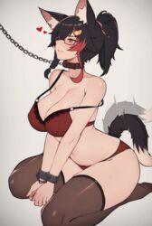  animal_ear_fluff animal_ears black_collar black_hair blush bra breasts cleavage collar cuffs feet female glasses hair_between_eyes hair_ornament handcuffs heart highres hololive large_breasts leash multicolored_hair no_shoes ookami_mio panties red_bra red_hair red_panties simple_background smile soles solo streaked_hair tail tail_wagging thighhighs underwear underwear_only variant_set varniskarnis virtual_youtuber wolf_ears wolf_girl wolf_tail 