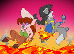  activision anthro archie_comics bodily_fluids bodysuit brown_body brown_fur burning butt_on_fire canid canine canis clothing dark_body dark_fur dic_entertainment digital_media_(artwork) duo elora faun_(spyro) female fire footwear fur grey_body grey_fur hair hand_on_butt hooves lava lupe_the_wolf mammal microsoft pain red_hair sandals sega skinsuit sonic_the_hedgehog_(archie) sonic_the_hedgehog_(comics) sonic_the_hedgehog_(series) sorehock spyro_the_dragon sweat sweatdrop tail tight_clothing wolf xbox_game_studios 