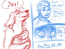  4:3 alien anthro clothing demon_deity dialogue duo facial_hair farsul_(the_nature_of_predators) female floppy_ears fur fyron_(the_nature_of_predators) happy hi_res human male mammal paper_bag scared shaggy_fur speech_bubble tagme the_nature_of_predators william_kane_(the_nature_of_predators) 