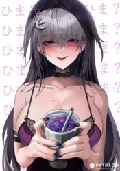  bad_id bad_pixiv_id bare_shoulders black_collar black_nails blue_eyes blush bra breasts cleavage collar collarbone crescent crescent_hair_ornament cup drink drinking_straw eyelashes female grey_hair hair_ornament highres holding holding_cup holding_drink large_breasts lean_(drink) long_eyelashes long_hair looking_at_viewer mole mole_under_eye nail_polish original parted_lips patreon_username purple_bra smile solo suou-sensei underwear upper_body 