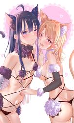  2girls adapted_costume ahoge alternate_color anal_tail animal_ear_fluff animal_ears ass asymmetrical_docking back black_gloves blonde_hair blue_eyes blue_hair breast_press breasts butt_crack cat_tail cosplay dark_blue_hair fake_tail fangs fate/grand_order fate_(series) finger_touching fur-trimmed_gloves fur_bikini fur_collar fur_trim gloves heart highres holding_hands isshiki_iroha kinom_(sculpturesky) long_hair looking_at_viewer mash_kyrielight mash_kyrielight_(dangerous_beast) mash_kyrielight_(dangerous_beast)_(cosplay) matching_outfits medium_breasts multiple_girls navel orange_eyes purple_gloves revealing_clothes small_breasts tail tongue tongue_out yahari_ore_no_seishun_lovecome_wa_machigatteiru. yukinoshita_yukino 