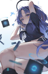  absurdres ass black_buruma black_shirt blue_archive blush breasts buruma closed_mouth drone facial_mark feet_out_of_frame female halo highres id_card kneepits long_hair looking_at_viewer loong_(loong_blo) mechanical_halo medium_breasts official_alternate_costume ponytail purple_eyes purple_hair shirt short_sleeves solo star_(symbol) yuuka_(blue_archive) yuuka_(track)_(blue_archive) 