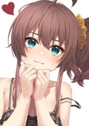  :3 absurdres ahoge black_camisole blush brown_hair camisole closed_mouth collarbone female green_eyes hair_ornament hair_scrunchie heart highres hololive long_hair looking_at_viewer natsuiro_matsuri natsuiro_matsuri_(matsuri&#039;s_day_off) official_alternate_costume scrunchie side_ponytail sidelocks smile starkamisan strap_slip upper_body virtual_youtuber 