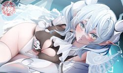  blush breasts cleavage cleavage_cutout clothing_cutout covered_nipples demon_girl demon_horns demon_wings duel_monster female gloves grabbing_own_breast grey_eyes highres horns komupi lady_labrynth_of_the_silver_castle large_breasts leotard looking_at_viewer lovely_labrynth_of_the_silver_castle low_wings pointy_ears sample_watermark second-party_source smile solo twintails watermark white_hair white_leotard wings yu-gi-oh! 