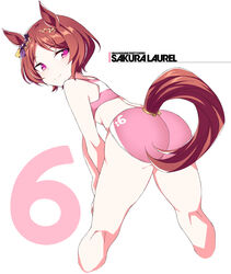  alternate_costume animal_ears ass bob_cut brown_hair buruma character_name commentary_request copyright_name cropped_legs ear_ornament feet_out_of_frame female flower_in_eye from_behind horse_ears horse_girl horse_tail looking_at_viewer looking_back parted_bangs pink_buruma pink_eyes pink_shirt sakura_laurel_(umamusume) shigino_sohuzi shirt short_hair simple_background sleeveless sleeveless_shirt solo sports_bikini symbol_in_eye tail tail_through_clothes umamusume white_background 