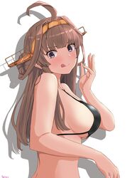  ahoge bikini black_bikini breasts brown_hair double_bun female grey_eyes hair_bun hairband headgear highres jouzaburou_(joe3) kantai_collection kongou_(kancolle) large_breasts licking_lips long_hair looking_at_viewer shadow simple_background solo swimsuit tongue tongue_out upper_body white_background 