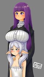  2girls alyrise breast_envy breast_rest breasts breasts_on_head earrings elf fern_(sousou_no_frieren) frieren green_eyes highres jewelry large_breasts long_hair monochrome_background multiple_girls pointy_ears pout purple_eyes purple_hair robe signature small_breasts sousou_no_frieren twintails 