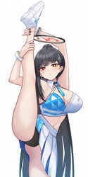  alternate_costume arms_up black_hair black_panties blue_archive blush breasts bright_pupils cheerleader cleavage detached_collar facial_mark female halo halterneck highres kneepits large_breasts long_hair looking_at_viewer mijikayo millennium_cheerleader_outfit_(blue_archive) navel panties parted_lips pleated_skirt red_eyes rio_(blue_archive) simple_background skirt solo split standing standing_on_one_leg standing_split star_(symbol) underwear very_long_hair white_background white_pupils white_skirt 