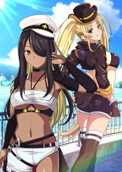  2girls arm_up ass asymmetrical_shorts azur_lane bandeau belt bikini bikini_top_only black_belt black_bikini black_choker black_gloves black_hair black_headwear black_shirt black_shorts black_thighhighs blonde_hair blue_sky breasts bridal_gauntlets choker cleavage closed_mouth cloud collarbone commentary_request cowboy_hat cowboy_shot crop_top dark-skinned_female dark_skin fingerless_gloves gloves green_eyes green_nails groin hair_over_one_eye halterneck hand_on_own_hip hat highres hornet_(azur_lane) hornet_ii_(azur_lane) large_breasts lens_flare long_hair looking_at_viewer medium_breasts military_hat multicolored_hair multiple_girls murasaki_tsutsuji navel northampton_(azur_lane) northampton_ii_(azur_lane) ocean outdoors parted_bangs parted_lips peaked_cap railing shirt short_shorts shorts sidelocks sky smile standing stomach strapless sunlight swimsuit thigh_strap thighhighs twintails two-tone_hair underboob very_long_hair white_bandeau white_headwear white_shorts yellow_belt 