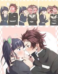  blush butterfly_hair_ornament closed_eyes closed_mouth demon_slayer_uniform earrings female hair_ornament hanafuda_earrings implied_kiss japanese_clothes jewelry kamado_tanjirou kimetsu_no_yaiba long_hair long_sleeves purple_eyes san_mon scar scar_on_face side_ponytail smile tsuyuri_kanao 