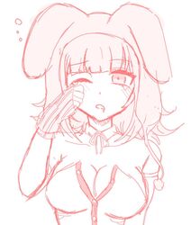  animal_hood bare_shoulders blush breasts cleavage closed_mouth d; danganronpa_(series) danganronpa_2:_goodbye_despair detached_collar female flipped_hair hand_up hood hood_up kappu_(wa_ppu) large_breasts leotard medium_hair nanami_chiaki neck_ribbon official_alternate_costume one_eye_closed rabbit_hood ribbon saliva solo tearing_up 