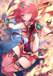  absurdres aegis_sword_(xenoblade) black_gloves bob_cut breasts earrings female fingerless_gloves gloves highres holding holding_sword holding_weapon jewelry large_breasts pyra_(xenoblade) red_eyes red_hair red_shorts risumi_(taka-fallcherryblossom) short_hair short_shorts shorts solo swept_bangs sword thighhighs tiara twisted_torso weapon xenoblade_chronicles_(series) xenoblade_chronicles_2 