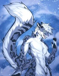  abs anthro athletic athletic_male big_tail black_pawpads blue_eyes chest_tuft claws crotch_tuft ears_back fangs fangs_bared featureless_crotch felid fluffy fluffy_tail fur fur_markings hair hi_res kramuth lightning_snow_leopard long_tail looking_at_viewer male mammal markings muscular muscular_male nude pantherine pawpads paws pink_nose pink_tongue pivoted_ears snow snow_leopard snowstorm solo standing tail tail_markings teeth tongue tuft white_hair 