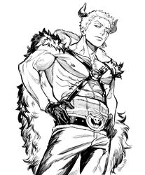  1boy abs bare_pectorals bored coat feet_out_of_frame from_below greyscale half-closed_eyes highres horns male_focus monochrome navel nipples nisir0 o-ring o-ring_top official_alternate_costume one_piece pants pectorals roronoa_zoro scar scar_across_eye short_hair solo toned toned_male 