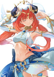  aiueonesan_(umanaminoatama) blue_skirt breasts brooch closed_eyes commentary_request cowboy_shot crop_top fake_horns female genshin_impact highres horns jewelry long_hair long_sleeves midriff navel neck_ring nilou_(genshin_impact) red_hair skirt small_breasts smile solo standing stomach veil very_long_hair white_background 