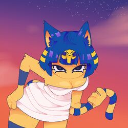  1:1 animal_crossing ankha_(animal_crossing) anthro arm_tuft armor bandage blue_hair blue_inner_ear_fluff bob_cut breasts catnvil circle_eyebrows cleavage clothed clothing cosmic_background digital_drawing_(artwork) digital_media_(artwork) domestic_cat egyptian_eyeliner elbow_tuft eyebrows eyeliner felid feline felis female fur gradient_background hair hand_on_hip hi_res highlights_(coloring) holding_tail humanoid inner_ear_fluff looking_at_viewer looking_up looking_up_at_viewer makeup mammal markings mouthless mummy_wrappings nintendo pixel_(artwork) pupils simple_background sky slit_pupils solo spiral_knuckles star starry_background starry_sky striped_markings striped_tail stripes tail tail_markings tuft uraeus vambrace white_clothing wide_hips yellow_body yellow_fur yellow_inner_ear 