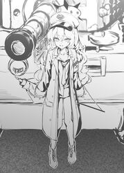  absurdres armband blue_archive boots breasts cleavage collarbone collared_shirt female greyscale hair_between_eyes halo hat highres iroha_(blue_archive) jacket long_hair long_sleeves looking_at_viewer military_hat military_jacket military_vehicle monochrome motor_vehicle necktie no_pants parted_lips peaked_cap shirt sign solo soy_chicken tank tiger_i unbuttoned unbuttoned_jacket very_long_hair wavy_hair 