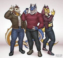  anthro clothed clothing dragon electronics european_mythology female footwear godrelion_(character) group hi_res jacket male mythological_creature mythological_scalie mythology phone pose rawslaw5 scalie selfie shoes tail topwear trio western_dragon 