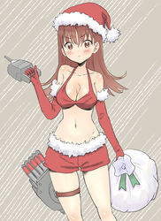  adapted_turret alternate_costume bikini bikini_top_only breasts cannon christmas cleavage collarbone cowboy_shot female fur-trimmed_headwear fur-trimmed_shorts fur_trim grey_background hat highres kantai_collection kujira_naoto medium_breasts ooi_(kancolle) red_bikini red_hat red_shorts sack santa_costume santa_hat shorts solo standing striped striped_background swimsuit torpedo_launcher turret 