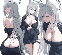  absurdres animal_ears ass black_choker blue_archive blue_eyes breasts choker cleavage closed_mouth cross_hair_ornament dark_halo extra_ears female grey_hair hair_between_eyes hair_ornament halo highres large_breasts long_hair mismatched_pupils multiple_views parted_lips shiroko_(blue_archive) shiroko_terror_(blue_archive) simple_background thigh_strap white_background wolf_ears yukiaka 