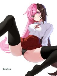  absurdres alternate_costume arm_support artist_name black_panties blush breasts brown_eyes brown_hair closed_mouth feet female full_body gatlas heterochromia highres leaning_back legs long_hair long_sleeves looking_at_viewer medium_breasts multicolored_hair neo_politan panties pantyshot pink_eyes pink_hair pleated_skirt rwby school_uniform shirt sitting skirt smile solo split-color_hair spread_legs thighhighs thighs two-tone_hair underwear upskirt white_background 