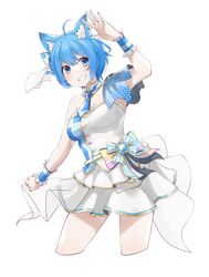  ahoge animal_ear_fluff animal_ears animare_stage_costume belt blue_bow blue_eyes blue_hair blue_necktie blush bow breasts cleavage commentary_request cowboy_shot cropped_legs dog_ears dog_girl epaulettes female frilled_shirt frills grin highres looking_at_viewer lovermoonlight medium_bangs medium_breasts nanashi_inc. necktie official_alternate_costume shirt short_hair short_necktie simple_background single_epaulette skirt smile solo souya_ichika strapless strapless_shirt striped striped_bow virtual_youtuber waist_bow white_background white_belt white_bow white_shirt white_skirt wrist_cuffs 