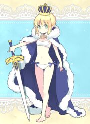  87banana artoria_pendragon_(fate) artoria_pendragon_(swimsuit_archer)_(fate) barefoot bikini blonde_hair blue_bow blue_cape bow cape crown excalibur_(fate/stay_night) fate/stay_night fate_(series) female fur_trim green_eyes hairbow solo swimsuit white_bikini white_trim 