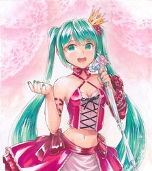  aqua_eyes aqua_hair aqua_nails arm_ribbon bow chain_around_arm chains commentary corset crown cup detached_sleeves english_commentary female flower frilled_sleeves frills green_eyes hair_flower hair_ornament hatsune_miku holding holding_cup long_hair looking_at_viewer marker_(medium) mayo_riyo midriff mini_crown music nail_polish navel neck_ribbon open_mouth pink_background pink_bow pink_corset pink_flower pink_rose pink_skirt pink_sleeves red_flower red_rose ribbon ribbon-trimmed_skirt ribbon_trim romeo_to_cinderella_(vocaloid) rose sidelocks sideways_glance singing single_detached_sleeve skirt solo traditional_media twintails very_long_hair vintage_dress_(module) vocaloid 