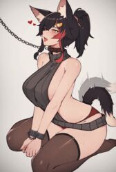  alternate_costume animal_ear_fluff animal_ears black_collar black_hair blush breasts collar cuffs feet female hair_between_eyes hair_ornament handcuffs heart highres hololive large_breasts leash meme_attire multicolored_hair no_shoes ookami_mio panties red_hair red_panties simple_background smile soles solo streaked_hair tail tail_wagging thighhighs underwear variant_set varniskarnis virgin_killer_sweater virtual_youtuber wolf_ears wolf_girl wolf_tail 