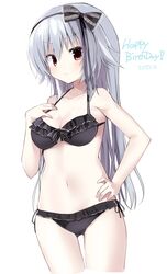  &gt;:) 2023 bare_arms bare_shoulders bikini black_bikini black_bow blush bow breasts cleavage closed_mouth collarbone commentary cowboy_shot curvy dated doyagao female frilled_bikini frilled_bow frills grey_hair hair_between_eyes hairbow halterneck hand_on_own_chest hand_on_own_hip hand_up happy_birthday highres long_hair looking_at_viewer medium_breasts narumi_toa navel red_eyes side-tie_bikini_bottom sidelocks simple_background skindentation smile smug solo standing stomach straight_hair swimsuit takepoison thigh_gap v-shaped_eyebrows very_long_hair wagamama_high_spec white_background 