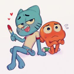  anthro cartoon_network clothing darwin_watterson domestic_cat duo felid feline felis fish food gumball_watterson heart_symbol hi_res male mammal marine popsicle simple_background the_amazing_world_of_gumball white_background wuggy 