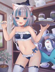  :d absurdres animal_ear_fluff animal_ears bikini black_bikini bloop_(gawr_gura) blue_eyes blue_hair blue_nails blush bow bow_bikini breasts cat_ears claw_pose collarbone commentary_request cowboy_shot female fingernails fins fish_tail frilled_bikini frills gawr_gura hair_ornament highres holding holding_tray hololive hololive_english indoors long_hair looking_at_viewer maid maid_bikini multicolored_hair nail_polish navel nekopurin_(nyanko_prin) open_mouth shark_girl shark_hair_ornament shark_tail sharp_teeth small_breasts smile solo strapless strapless_bikini streaked_hair swimsuit tail teeth thighhighs tray two_side_up unconventional_maid upper_teeth_only virtual_youtuber white_thighhighs 