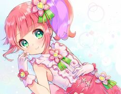  bare_shoulders blush center_frills closed_mouth commentary_request female flat_chest flower frills gloves green_eyes hair_flower hair_ornament hand_on_own_chest hand_up holding holding_flower idol_clothes kanon_(pripara) long_hair looking_at_viewer lying multicolored_hair on_back pink_flower pink_hair pink_skirt pretty_series pripara purple_hair shirt side_ponytail skirt smile solo touyama_soboro two-tone_hair white_background white_gloves white_shirt 