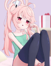  absurdres ahoge alternate_costume ass black_thighhighs blue_archive blurry blurry_background blush box camisole collarbone feet_out_of_frame female gift gift_box green_camisole halo highres long_hair natsu_(blue_archive) open_mouth pink_hair pink_halo red_eyes shiroiurushi side_ponytail solo thighhighs 