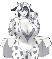  absurdres animal_ears animal_print blush breasts cleavage closed_mouth cosplay cow_ears cow_horns cow_print cowboy_shot earrings erkaz fake_animal_ears fake_horns female greyscale hands_up highres holding holding_phone hood hood_up horns huge_breasts jewelry kigurumi long_sleeves monochrome onesie open_box open_mouth original partially_unzipped phone rina_atherina short_hair simple_background solo sweatdrop veins veiny_breasts white_background zipper_pull_tab 