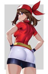  ass bandana bike_shorts blue_eyes breasts brown_hair closed_mouth commentary female from_behind gloves hair_between_eyes hands_on_own_hips long_hair looking_at_viewer looking_back may_(pokemon) medium_breasts pokemon pokemon_rse red_bandana red_shirt shirt short_hair solo standing thighs volyz 