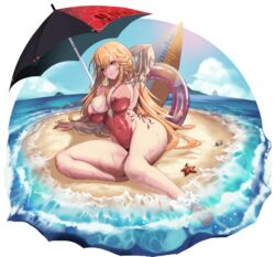  azur_lane backless_swimsuit beach beach_umbrella breasts commission cross-laced_clothes cross-laced_one-piece_swimsuit curvy day female frilled_one-piece_swimsuit frills hand_in_own_hair highleg highleg_swimsuit highres huge_breasts long_hair looking_at_viewer mad_kimo official_alternate_costume one-piece_swimsuit orange_hair outdoors pink_innertube pink_one-piece_swimsuit richelieu_(azur_lane) richelieu_(fleuron_of_the_waves)_(azur_lane) sand solo starfish summer swimsuit umbrella very_long_hair water 