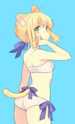  87banana adjusting_hair ahoge animal_ears artoria_pendragon_(fate) ass bikini blonde_hair blue_background blue_bow bow cat_ears cat_tail fate/stay_night fate_(series) female from_behind green_eyes hairbow looking_back official_alternate_costume saber_(fate) solo strapless strapless_bikini swimsuit tail white_bikini 