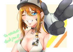  absurdres armband armpits bandaid bandaid_on_cheek bandaid_on_face bare_shoulders black_choker black_gloves blonde_hair blue_eyes breasts choker cleavage clothes_writing collarbone commentary_request commission ear_piercing earpiece female finger_gun glint gloves goddess_of_victory:_nikke grin hair_between_eyes highres id_card large_breasts looking_at_viewer maxwell_(nikke) multiple_piercings oerba_yun_fang piercing short_hair short_hair_with_long_locks sidelocks skeb_commission smile solo sports_bra teeth thank_you two-tone_gloves upper_body visor_cap white_gloves white_sports_bra yumihama_ema 