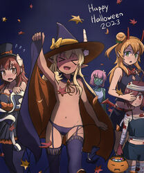  &gt;_&lt; 2023 5girls :d ahoge alternate_costume animal_ears arm_at_side arm_up ass_visible_through_thighs autumn_leaves bandaged_arm bandaged_head bandaged_leg bandages bare_shoulders black_cloak black_dress black_headwear black_panties black_pantyhose black_shirt black_shorts black_thighhighs blonde_hair blue_background blunt_bangs blush bow bowtie brown_eyes brown_hair chiyoda_momo cloak colored_skin commentary convenient_censoring covering_one_eye cowboy_shot curled_horns dark-skinned_female dark_skin dated demon_girl demon_horns demon_tail demon_wings dress fake_animal_ears fake_wings falling_leaves feet_out_of_frame flat_chest flying_sweatdrops frilled_dress frills frown full_body green_eyes green_skin hair_between_eyes hair_bun hair_ornament hair_over_breasts halloween halloween_costume happy happy_halloween hat hat_bow highres hinatsuki_mikan horns horns_through_headwear leaf lilith_(machikado_mazoku) long_hair looking_at_another looking_at_viewer machikado_mazoku maple_leaf multiple_girls mummy_costume nose_blush one_eye_covered one_side_up oni_horns open_mouth orange_bow orange_cloak orange_hair orange_trim panties pantyhose pink_hair pointy_ears red_bow red_bowtie shirt short_dress short_hair shorts sidelocks simple_background single_hair_bun sleeveless sleeveless_shirt smile solo_focus standing tail thighhighs thighs top_hat topless two-tone_cloak ugallu_(machikado_mazoku) underwear wings witch_hat x_hair_ornament yellow_bow yoshida_yuuko_(machikado_mazoku) yunoppi zombie_costume 