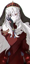  bare_shoulders blazing_cartesia_the_virtuous cleavage_cutout clothing_cutout detached_sleeves dress duel_monster ecclesia_(yu-gi-oh!) female gauntlets hand_on_own_face highres long_hair multicolored_eyes red_dress red_eyes shirt sidelocks solo uragawai veil white_hair white_shirt yellow_eyes yu-gi-oh! 