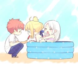  &gt;_&lt; 1boy 2girls 87banana ahoge artoria_pendragon_(fate) artoria_pendragon_(swimsuit_archer)_(fate) bikini blonde_hair blue_bow blue_pants bow brown_eyes eating emiya_shirou fate/stay_night fate_(series) feeding food green_eyes hairbow illyasviel_von_einzbern multiple_girls outdoors pants pink_bikini pool popsicle red_hair rubber_duck shirt swimsuit water watermelon_bar white_bikini white_hair white_shirt 