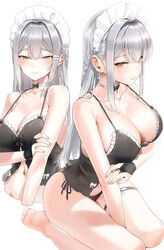  bare_shoulders barefoot black_camisole black_panties blush breasts bridal_gauntlets camisole choker cleavage collarbone cross cross_earrings earrings female grey_hair hair_intakes hair_ornament hairclip highres jewelry kfr large_breasts long_hair looking_at_viewer multiple_views navel original panties ring seiza sidelocks sitting thigh_strap thighs underwear yellow_eyes 