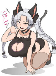  absurdres animal_ears arm_support black_bow black_bra black_footwear bow bra braid breasts brown_eyes cat_cutout cat_ears cat_lingerie cat_tail cleavage cleavage_cutout clothing_cutout commentary_request cosplay female fishnet_thighhighs fishnets full_body grey_hair heart highres himajin_noizu kaenbyou_rin kaenbyou_rin_(cosplay) large_breasts long_hair meme_attire open_mouth parted_bangs paw_pose simple_background solo tail thighhighs touhou twin_braids underwear yagokoro_eirin 